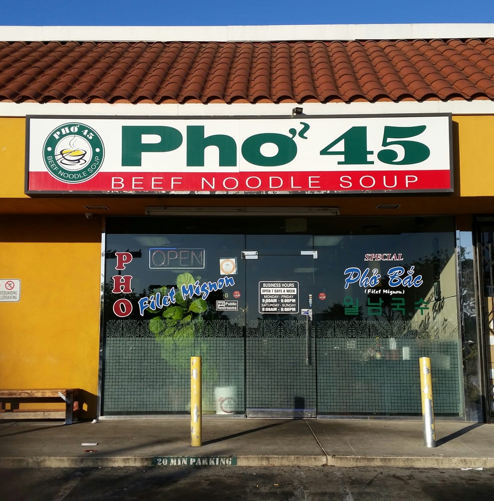 Pho 45 sign reading Beef Noodle Soup above the Garden Grove storefront